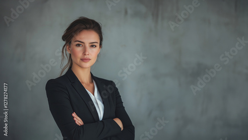 Portrait einer selbstbewussten Geschäftsfrau im schwarzen Blazer mit verschränkten Armen. Der freundliche Blick und das natürliche Lächeln vermitteln Kompetenz