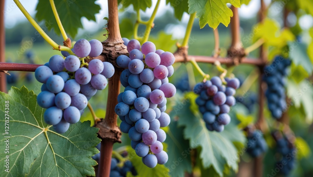 Vibrant close-up of grapevines showcasing clusters of young grapes amidst lush green leaves in a picturesque vineyard setting. Vibrant close-up of grapevines showcasing clusters of young grapes amidst lush green leaves in a picturesque vineyard setting.