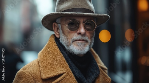 A man sportingly accessorized with a hat and glasses in a casual urban environment