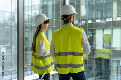 Wallpaper Mural Two engineers in yellow vests standing at the panoramic window Torontodigital.ca