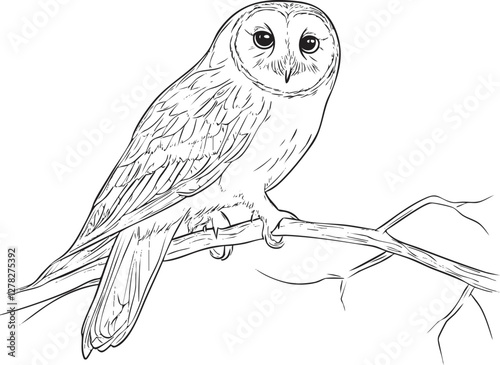 Line drawing of an owl perched on a branch.