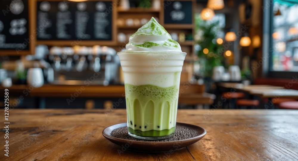 Delicious Iced Matcha with Milk Foam in a Cozy Cafe Setting Perfect for Text Overlay and Promotional Use Delicious Iced Matcha with Milk Foam in a Cozy Cafe Setting Perfect for Text Overlay and Promotional Use