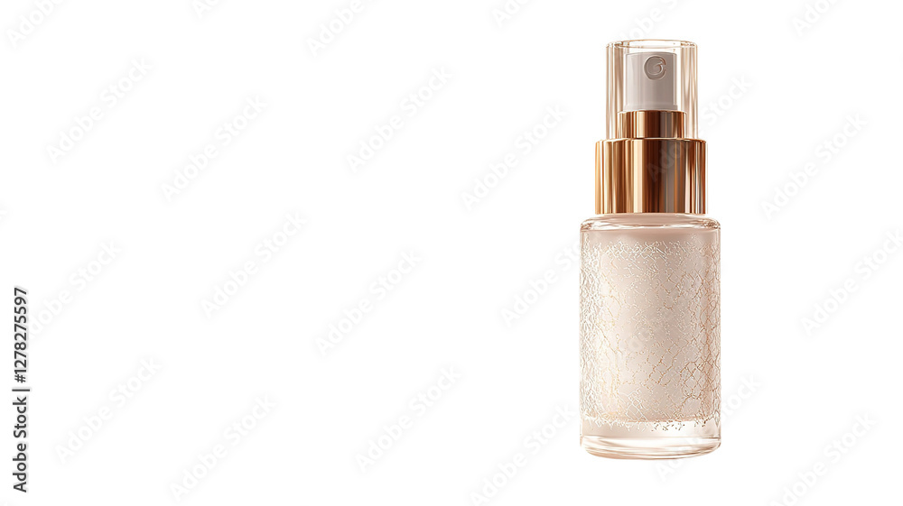 A luxurious serum bottle with a pump dispenser, showcasing a rich, clear liquid inside, placed on a transparent background. 
