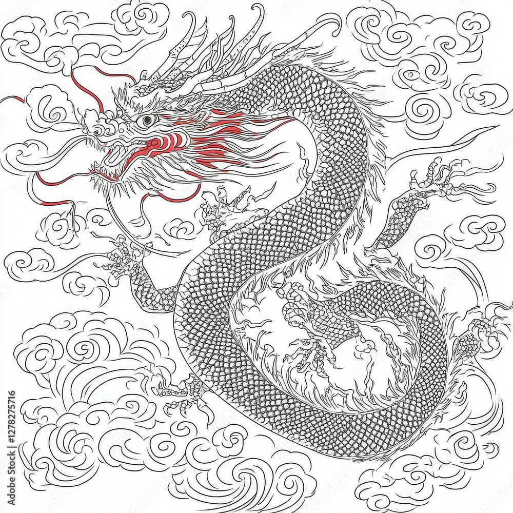Fototapeta premium Majestic Asian Dragon in Clouds - Line Art Illustration