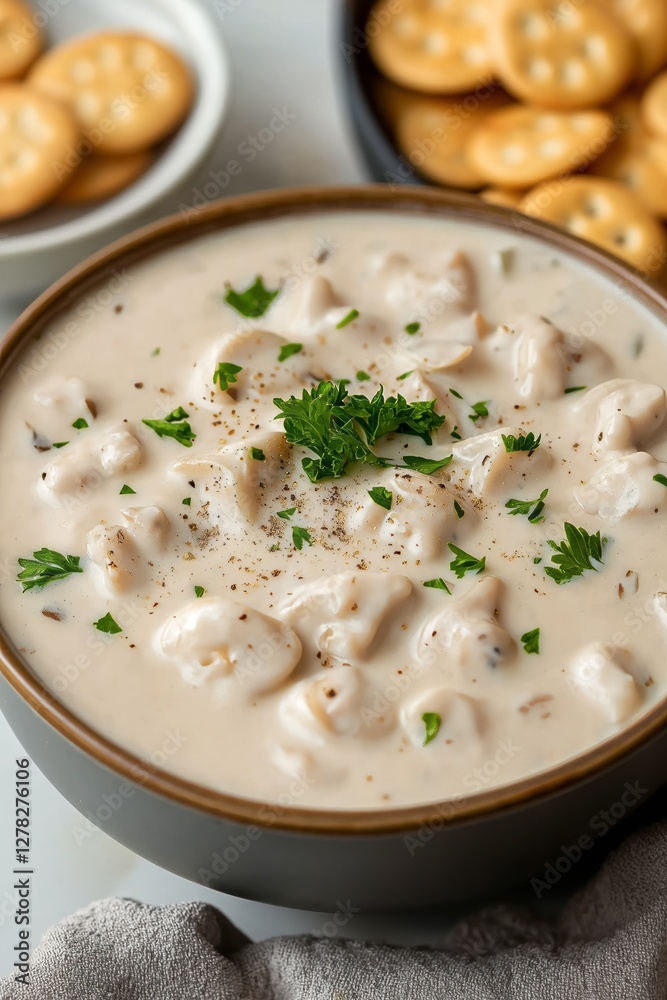 A bowl of creamy clam chowder topped with fresh parsley and served with a side of oyster crackers. A bowl of creamy clam chowder topped with fresh parsley and served with a side of oyster crackers.