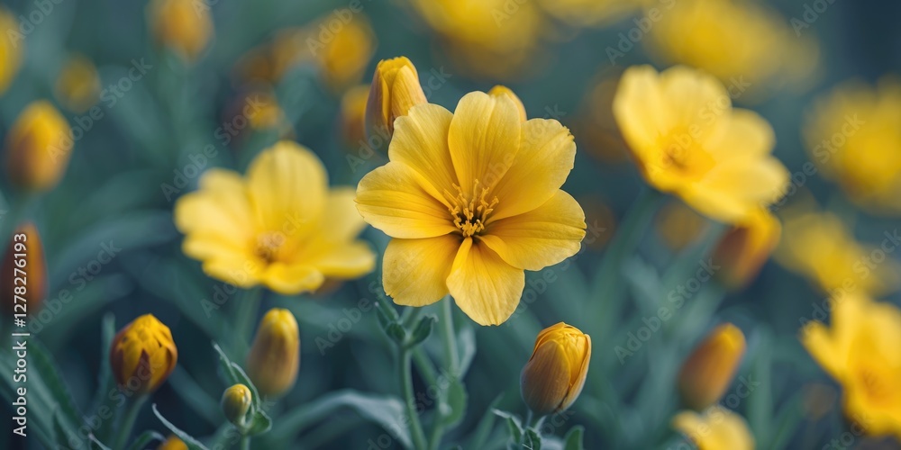 Vibrant Close-Up of Yellow Wildflowers in a Lush Green Background Featuring Buds and Blooms in Nature's Springtime Splendor Vibrant Close-Up of Yellow Wildflowers in a Lush Green Background Featuring Buds and Blooms in Nature's Springtime Splendor
