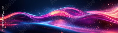 Neon gradient waves with glowing AR light trails, dynamic abstract shapes, soft ambient lighting, digital art