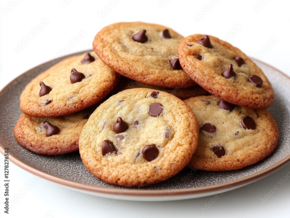 Delicious Chocolate Chip Cookies on a Plate Sweet Treat Confectionery Delight Baked Goodness Close Up Shot Tempting Dessert Delicious Chocolate Chip Cookies on a Plate Sweet Treat Confectionery Delight Baked Goodness Close Up Shot Tempting Dessert