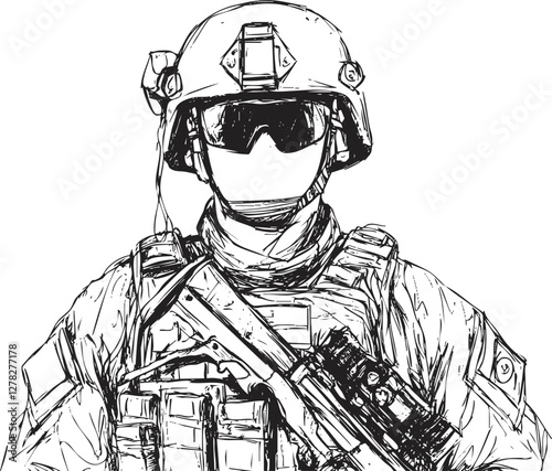Sketch of a soldier in tactical gear with a helmet and goggles.