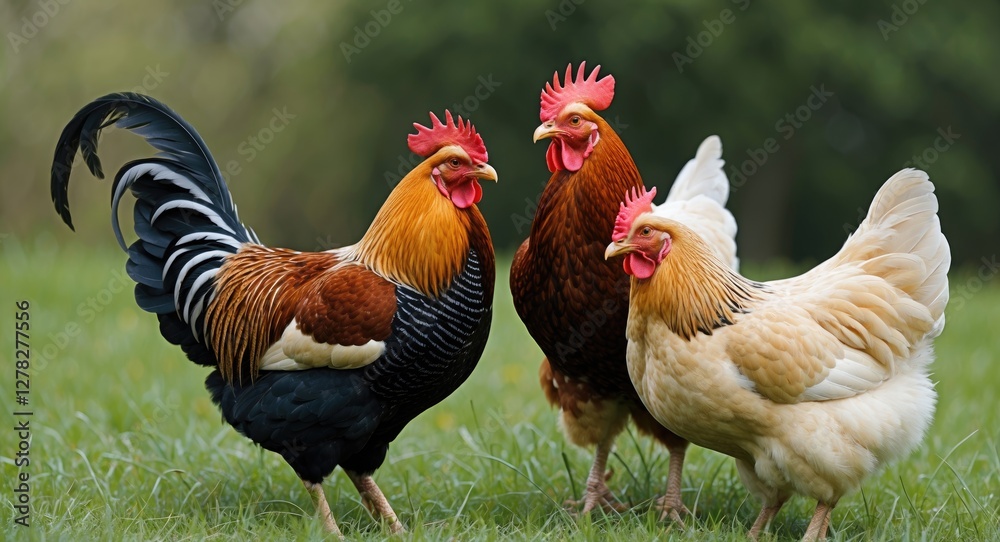 Fototapeta premium Charming Rooster and Hens Roaming on Lush Green Grass with Space for Custom Text or Branding