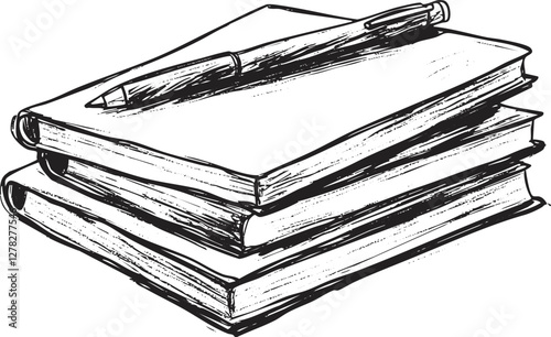 Black and white sketch of stacked books with a pen on top.