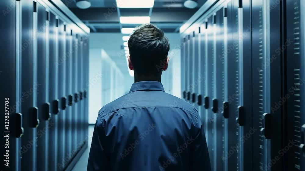 Man exploring a dimly lit data center filled with server racks at night Man exploring a dimly lit data center filled with server racks at night