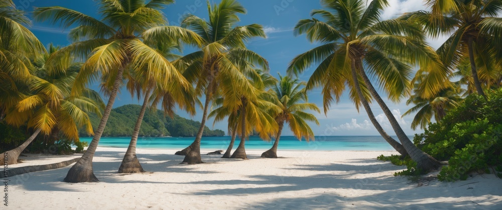 Fototapeta premium Tropical Paradise with Coconut Palm Trees and Serene White Sandy Beach Under Clear Blue Sky