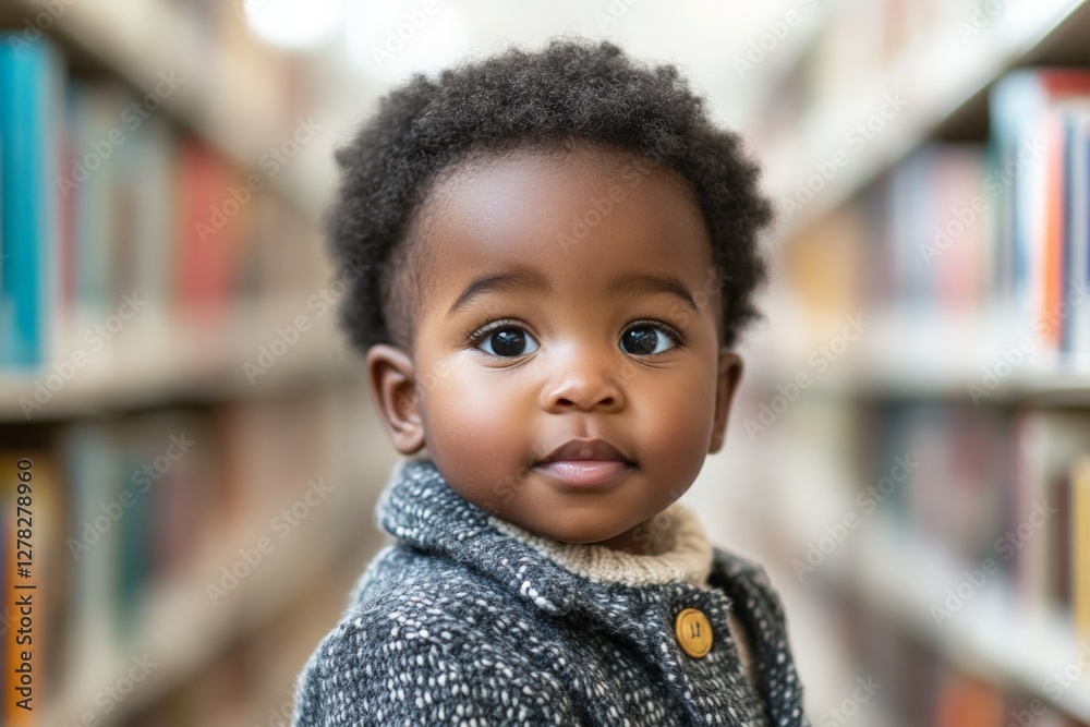 Cute young child gazing curiously while standing in a vibrant library filled with colorful books Cute young child gazing curiously while standing in a vibrant library filled with colorful books