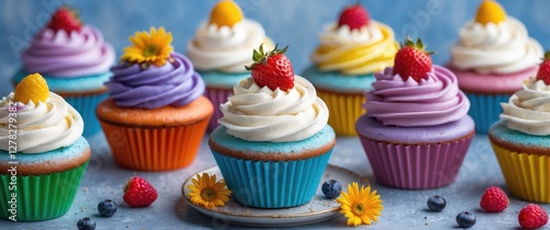 Fototapeta Naklejka Na Ścianę i Meble -  Vibrant assortment of colorful cupcakes topped with fresh fruits and decorative frosting against a soft blue background with space for text.
