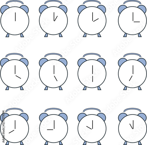  Set of clock icons. Clock, time, alarm
