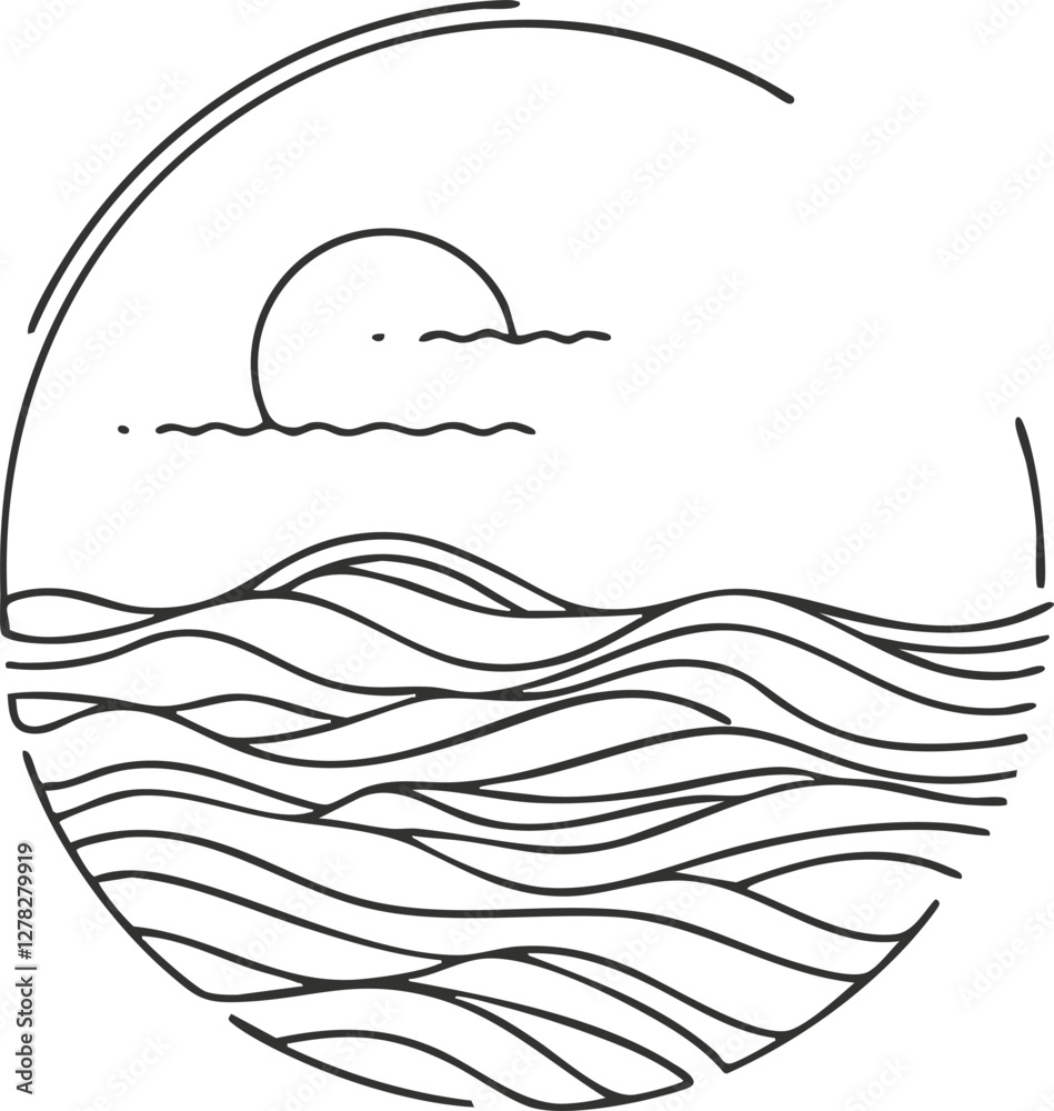 Minimalist line art of a sunset over ocean waves in a circle. Minimalist line art of a sunset over ocean waves in a circle.
