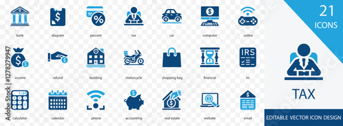Tax  icon set. with vat, percent,   evasion, income,  calendar, online and more solid icons. vector illustration