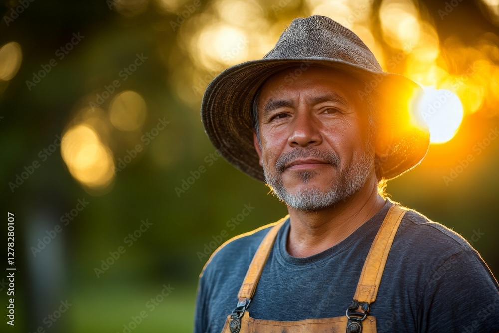 Midday light highlights a farmer’s face as he stands with pride in his field during golden hour in rural landscape Midday light highlights a farmer’s face as he stands with pride in his field during golden hour in rural landscape
