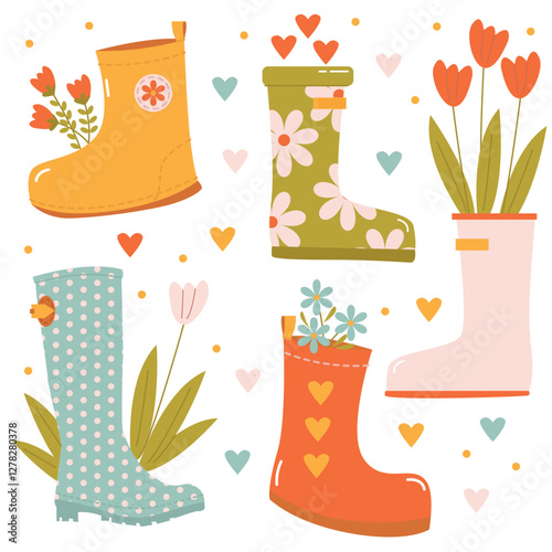 Set with different colored rubber boots and flowers on the theme of spring