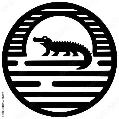Alligator Silhouette Emblem: A minimalist, black and white emblem featuring a stylized alligator silhouette within a circular design, evocative of strength and resilience. 