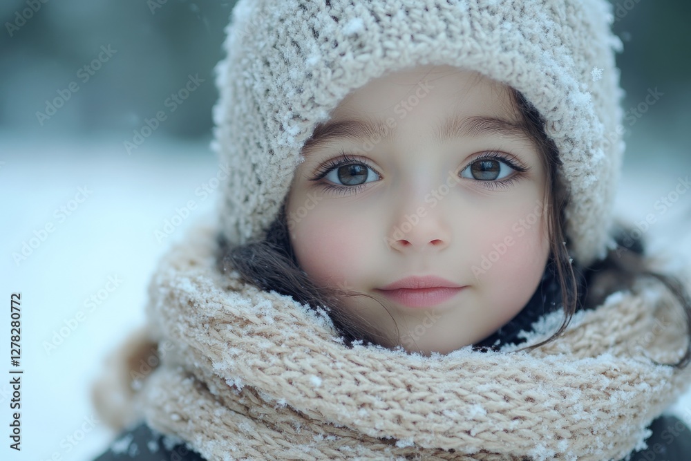 Young girl enjoying a winter day with snowflakes gently falling in a serene snowy environment Young girl enjoying a winter day with snowflakes gently falling in a serene snowy environment