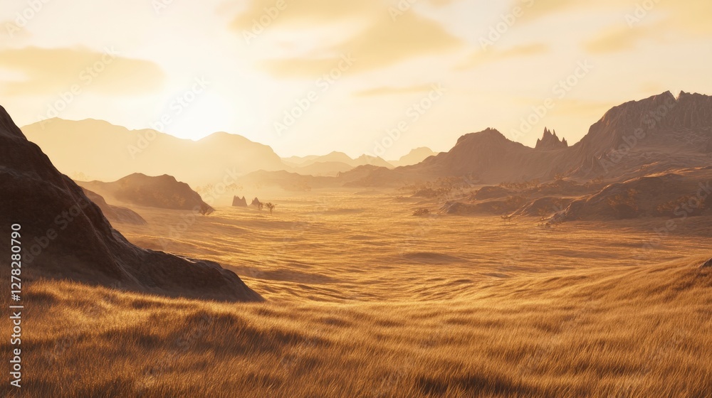 Naklejka premium Golden Hour Desert Landscape: Sunrise Over a Vast Arid Plain