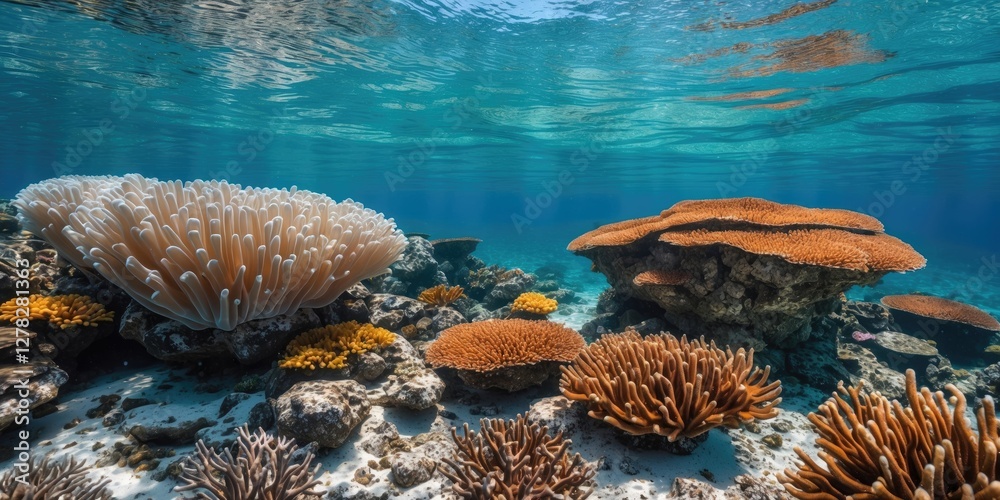 Fototapeta premium Vibrant Coral Reef Under Crystal Clear Water with Abundant Marine Life and Room for Text Overlay