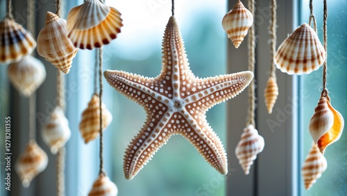 Starfish and seashells hanging by a window creating a coastal ambiance with soft blurred background ideal for seasonal decoration themes. photo