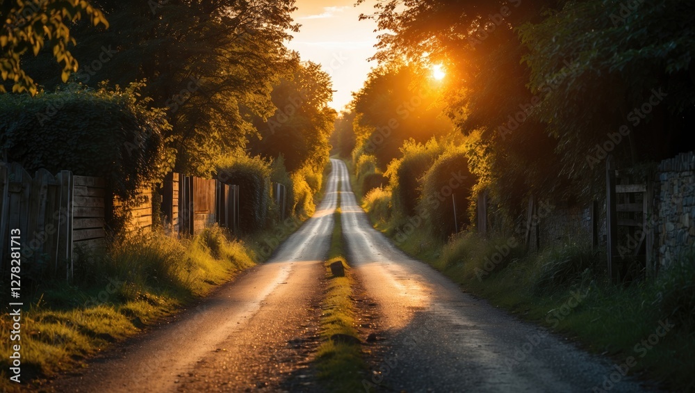 Sunlit Country Road Surrounded By Lush Greenery Capturing The Essence Of A Serene Summer Evening Sunlit Country Road Surrounded By Lush Greenery Capturing The Essence Of A Serene Summer Evening