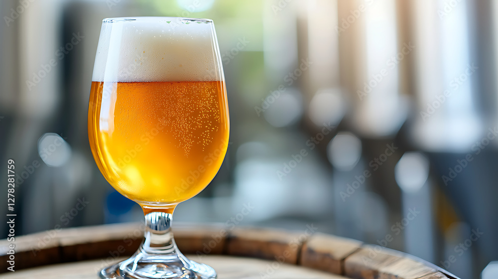 Craft beer glass on wooden barrel in rustic bar setting refreshing drink cozy atmosphere inviting viewpoint artisanal concept Craft beer glass on wooden barrel in rustic bar setting refreshing drink cozy atmosphere inviting viewpoint artisanal concept