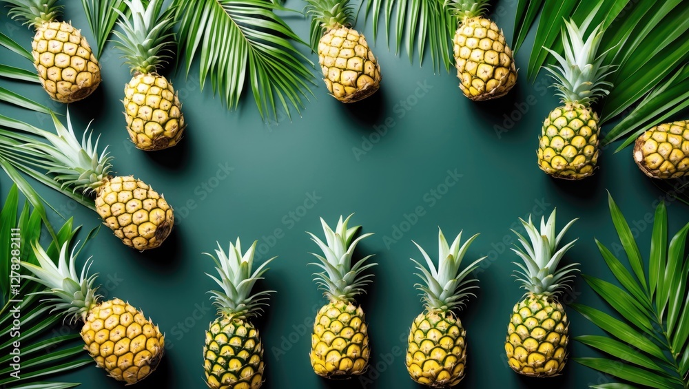 Tropical Flat Lay of Pineapples Surrounded by Green Palm Leaves on a Dark Background Ideal for Summer-themed Design and Marketing Collateral Tropical Flat Lay of Pineapples Surrounded by Green Palm Leaves on a Dark Background Ideal for Summer-themed Design and Marketing Collateral