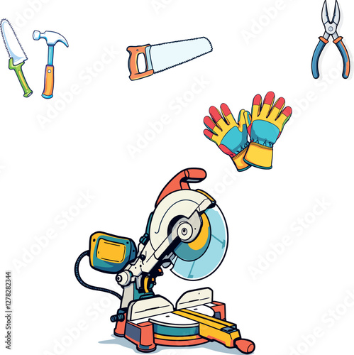 Compound miter saw, hammer, hand saw, pliers and gloves for carpentry and construction projects