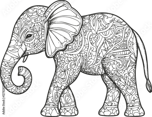 Intricate mandala elephant design in black and white outline style.