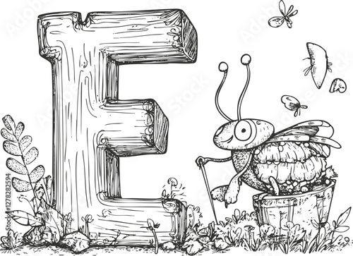 Whimsical black and white illustration of a bee with letter E.