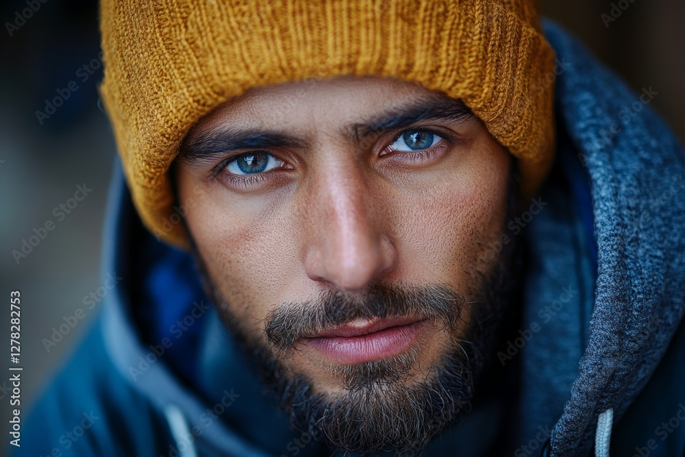 Young man with striking blue eyes wearing a yellow beanie and gray hoodie in a cozy indoor setting Young man with striking blue eyes wearing a yellow beanie and gray hoodie in a cozy indoor setting