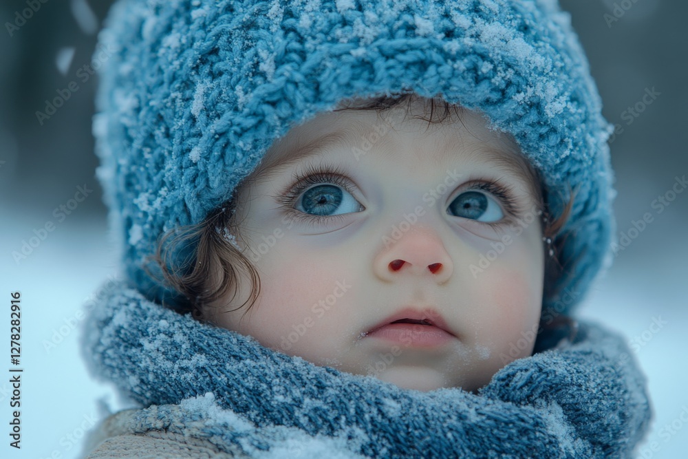Child with blue eyes and winter hat looks up in snowy landscape during a cold day Child with blue eyes and winter hat looks up in snowy landscape during a cold day