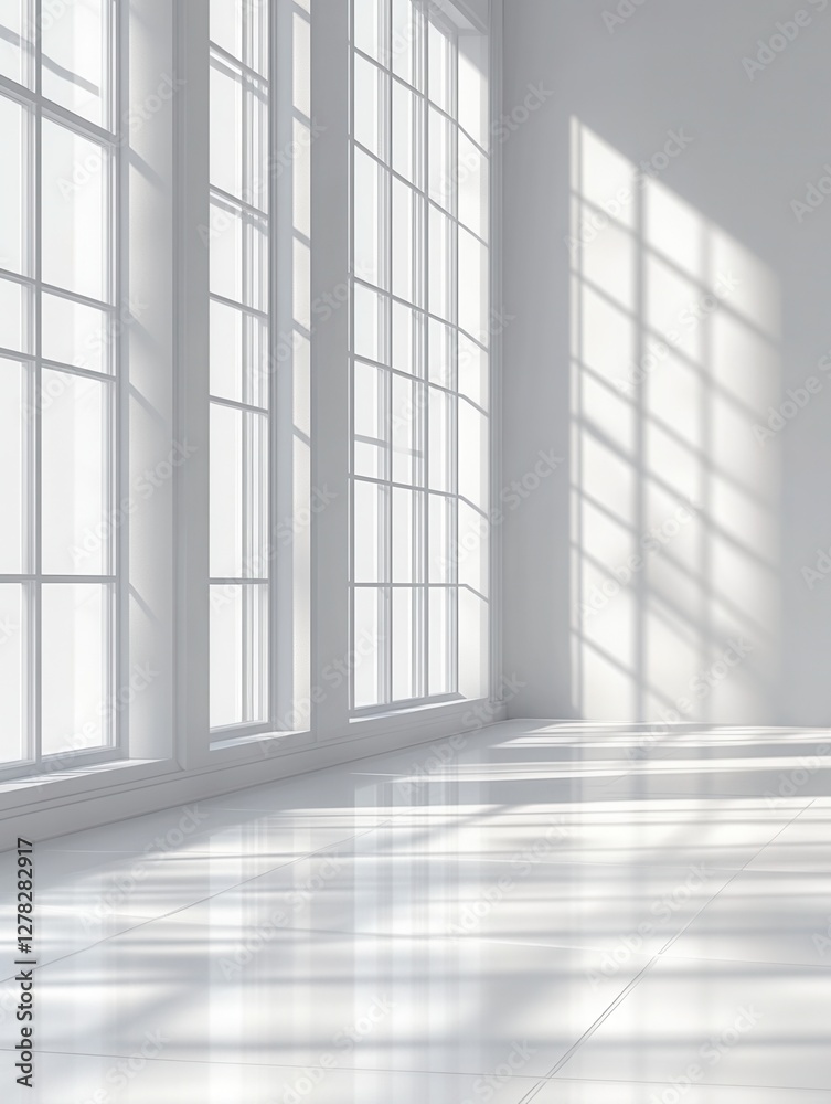 Bright Interior with Large Windows and Sunlight Casting Shadows on the Floor in a Minimalist Room Bright Interior with Large Windows and Sunlight Casting Shadows on the Floor in a Minimalist Room