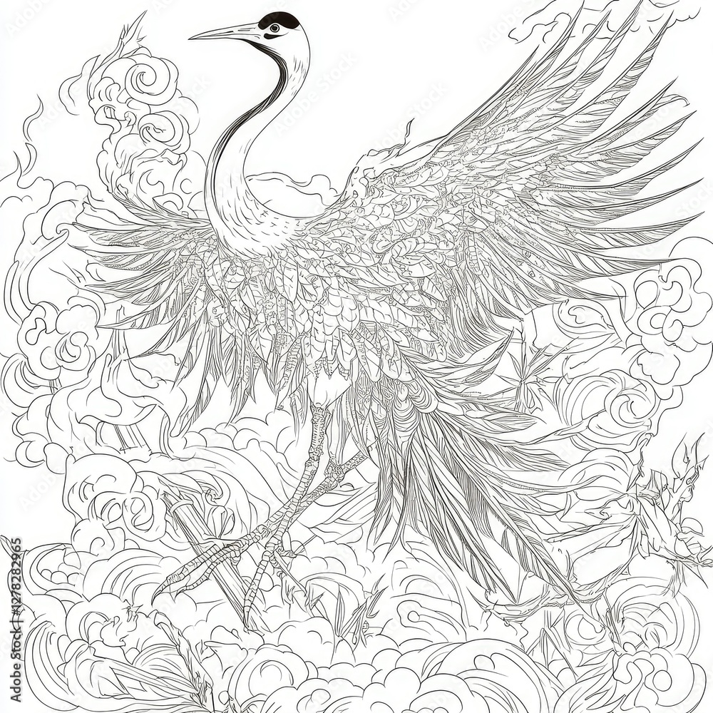 Obraz premium Intricate Line Art of a Crane in Flight Amidst Stylized Clouds