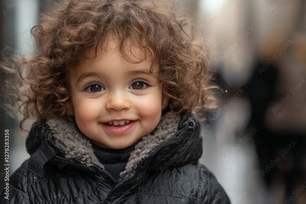Happy child with curly hair smiling in a city street during winter season with blurred background Happy child with curly hair smiling in a city street during winter season with blurred background
