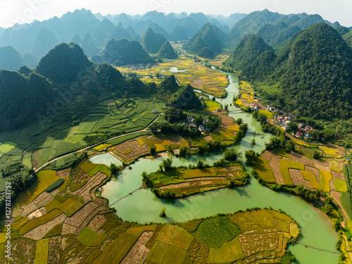 Aerial wide angle view of landscape with rice field at Phong Nam village in Trung Khanh, Cao Bang province,Northern Vietnam photo