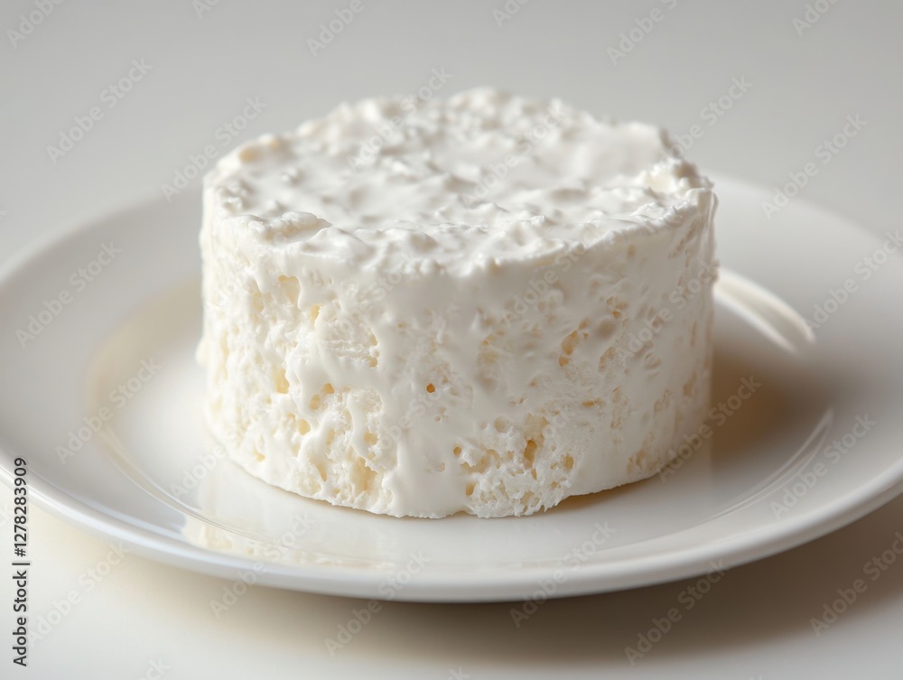 Close up of delicious fresh white cheese on plate showcasing creamy texture and smooth surface in bright light Close up of delicious fresh white cheese on plate showcasing creamy texture and smooth surface in bright light