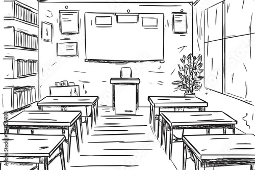 Black and white sketch of an empty classroom with desks and blackboard.