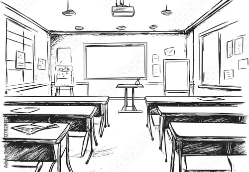 Illustration of an empty classroom with desks and a blackboard.