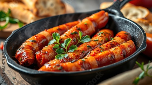 Sizzling sausages, wrapped and ready to be devoured in a cast iron pan with parsley. Taste of home. photo