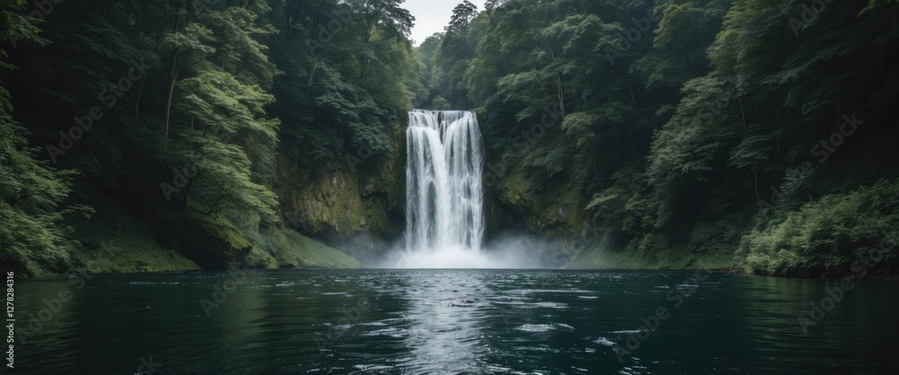 Naklejka premium Majestic Forest Waterfall Cascading Into Tranquil Waters with Lush Greenery and Abundant Copy Space for Text Overlay