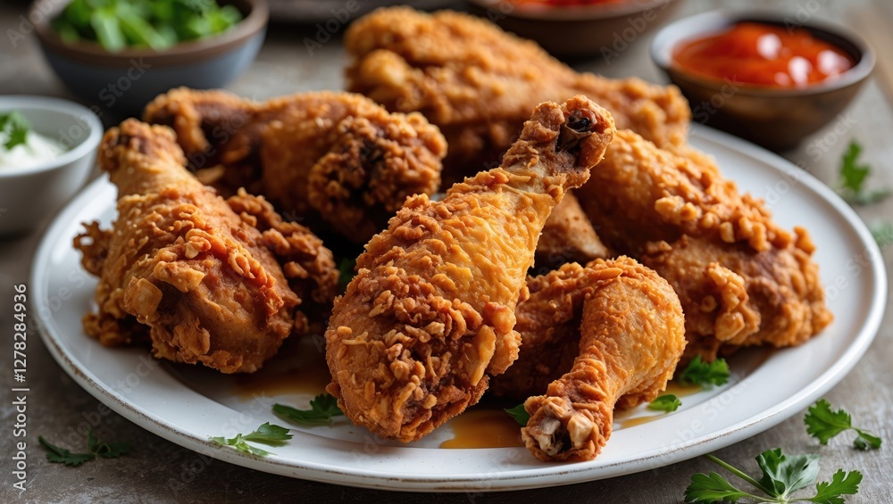 Crispy Golden Fried Chicken Drumsticks Served on a White Plate with Fresh Herb Garnish and Dipping Sauces in Background Crispy Golden Fried Chicken Drumsticks Served on a White Plate with Fresh Herb Garnish and Dipping Sauces in Background