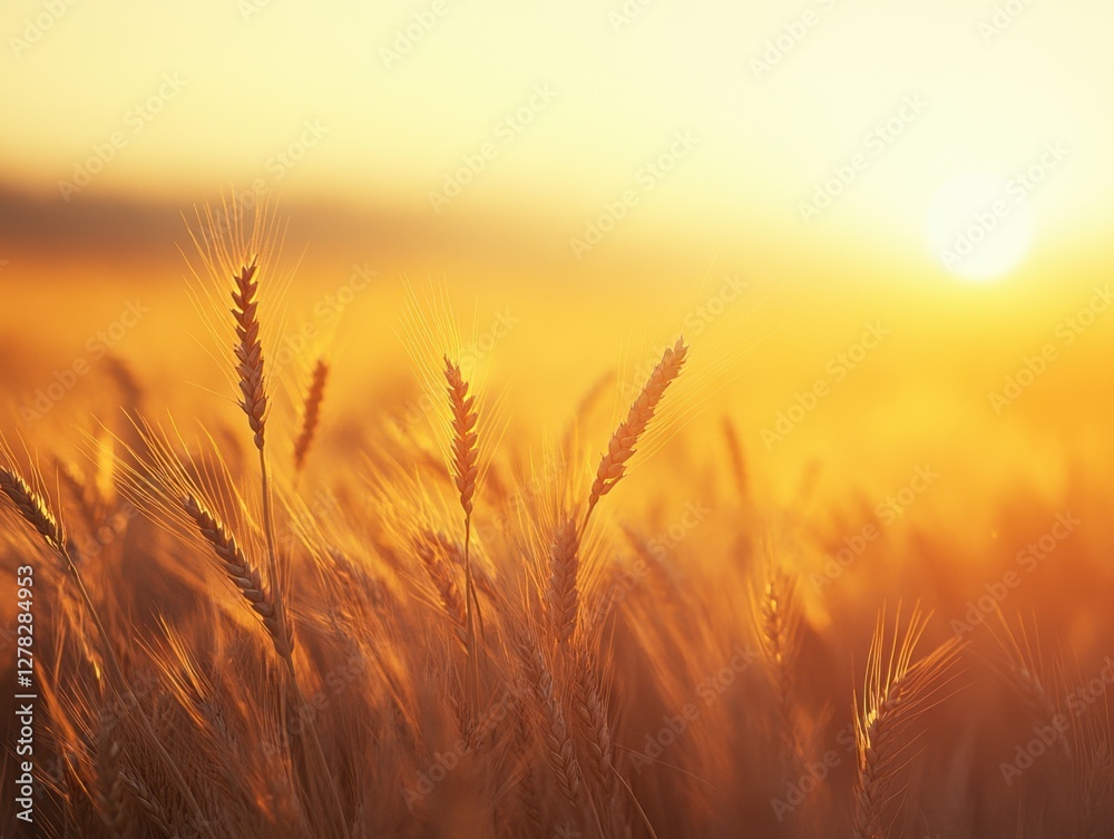 Golden wheat field at sunset with warm light and sun flare creating a peaceful and serene atmosphere for agriculture and harvest season Golden wheat field at sunset with warm light and sun flare creating a peaceful and serene atmosphere for agriculture and harvest season