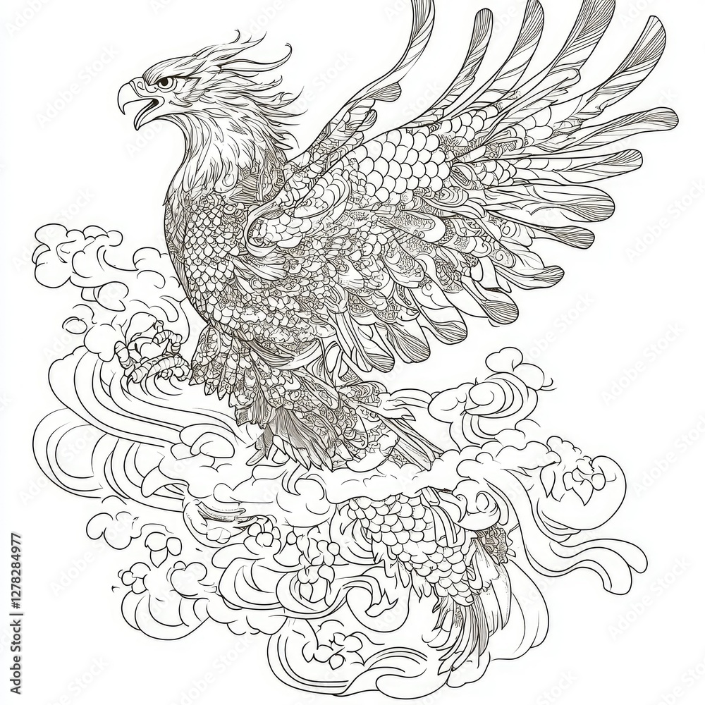 Fototapeta premium Intricate Line Art Eagle in Flight Amidst Stylized Clouds