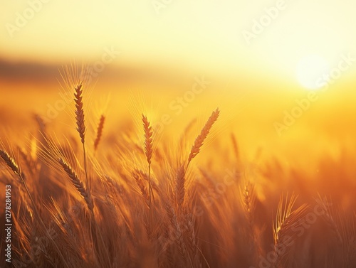 Obraz na płótnie Golden wheat field at sunset with warm light and sun flare creating a peaceful and serene atmosphere for agriculture and harvest season w salonie